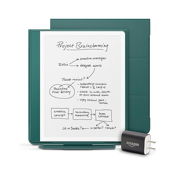 New Amazon Kindle Scribe Essentials Bundle including New Kindle Scribe (64GB) - Metallic Jade, Premium Pen, Plant-Based Leather Folio-Jade, and Power Adapter