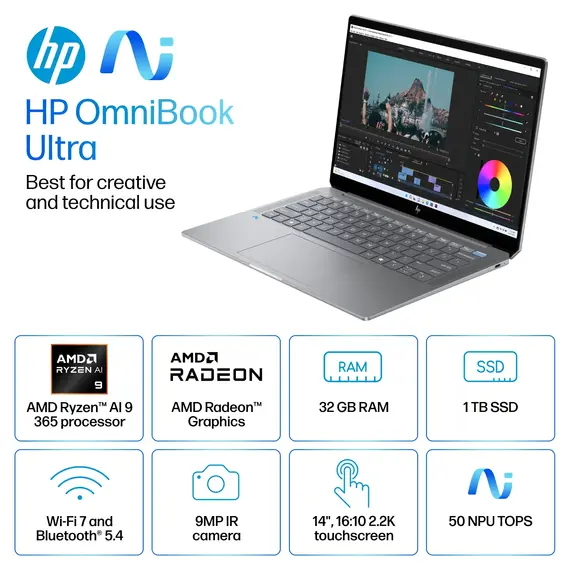 HP - OmniBook Ultra - Copilot+ PC - 14" 2.2K Touch-Screen Laptop - AMD Ryzen AI 9 365 - 32GB Memory - 1TB SSD - Meteor Silver, 3 image